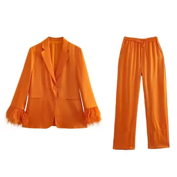 Oranž Pintsak Sobiks Pidžaama Komplekt Naistele Siserõivad 2tk Pika Varruka Bleiser Naiste Sleepwear Kodu Riided Stiilne Naiste Ülerõivad
