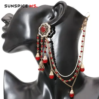 Sunspicems India Käsitöö Kõrvarõngad link Headdress Naiste Antiikse Kulla Värvi Looduslikust Kivist Bead Chain Bankett Ehted 