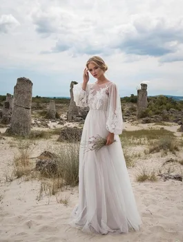 2022 Uus Stiil Pulm Kleit Naiste Mood O-kaeluse Puhvis Varrukad Pitsist Kleidid Pruutneitsi Kleit on Valge Kleit