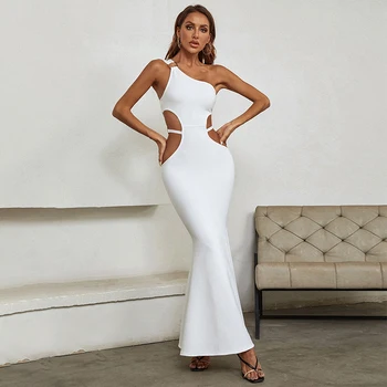 Naiste Suvine Seksikas Ühe Õla Lõigatud, Seest Õõnes Valge Maxi Pikk Bodycon Sidemega Kleit 2022 Elegantne Õhtu Poole Kleit Vestido
